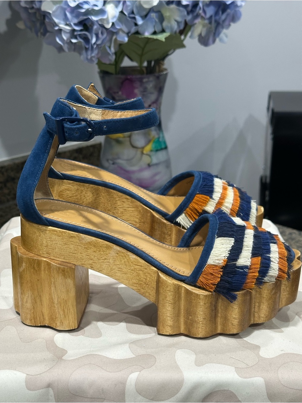 Tory Burch Navy Blue Fringe Platform Sandals with Orange and Cream Accents